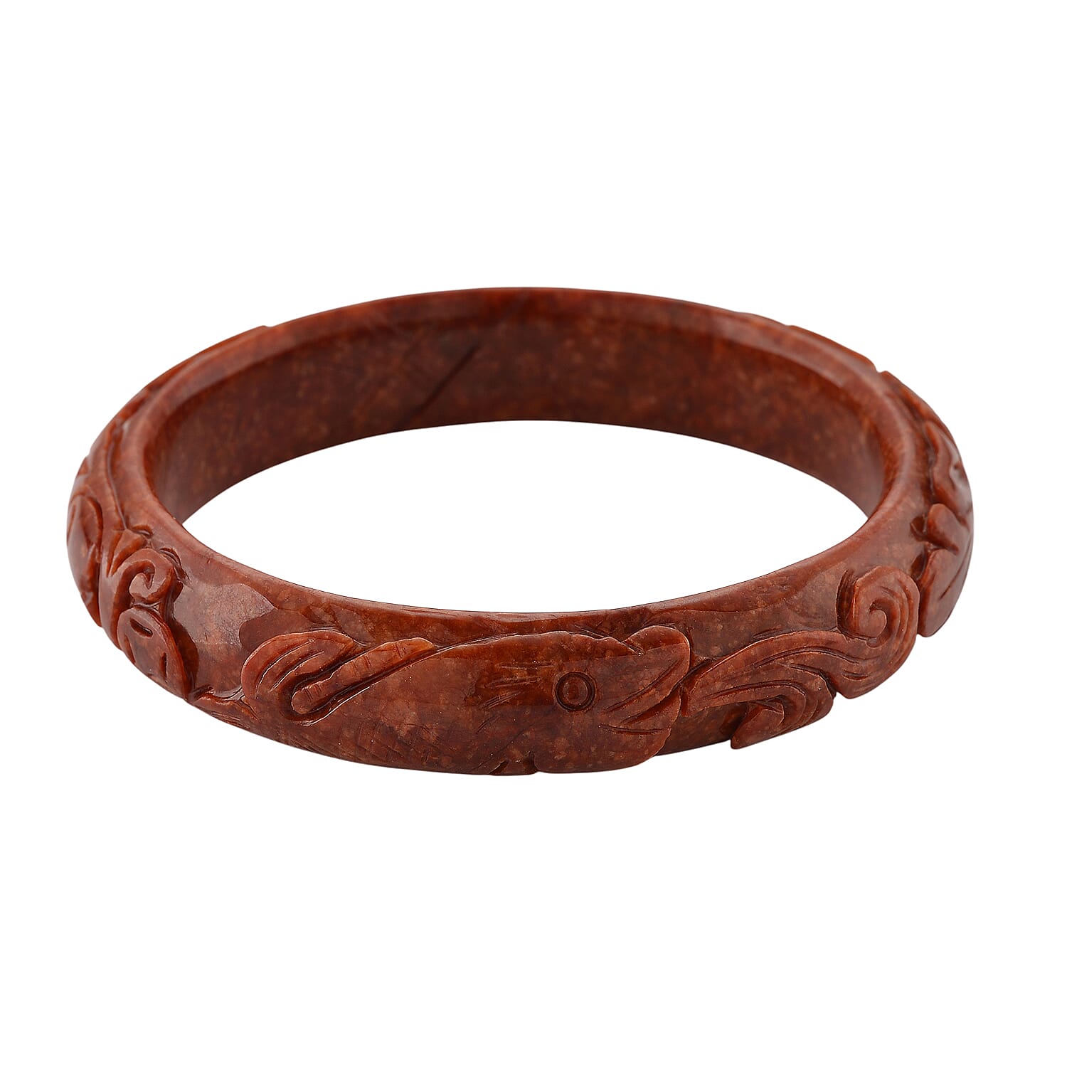 First Time Ever- Koi Carved Enhanced Red Jade Bangle (Size 8) 320.00 Ct.