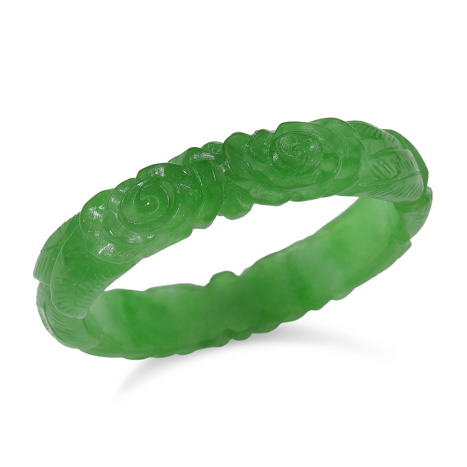 Limited Edition Rose Carved Green Jadeite Jade Bangle (Size 7.5) 300.00 Ct.