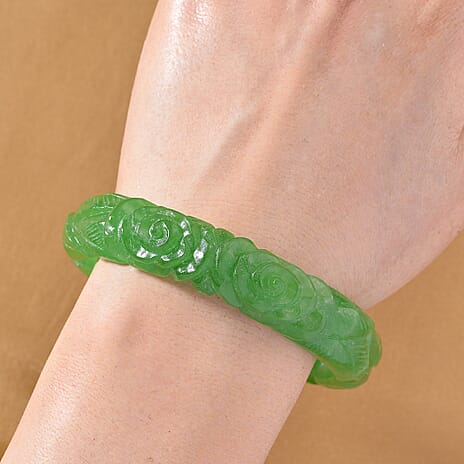 Limited Edition Rose Carved Green Jadeite Jade Bangle (Size 8) 300.00 Ct.