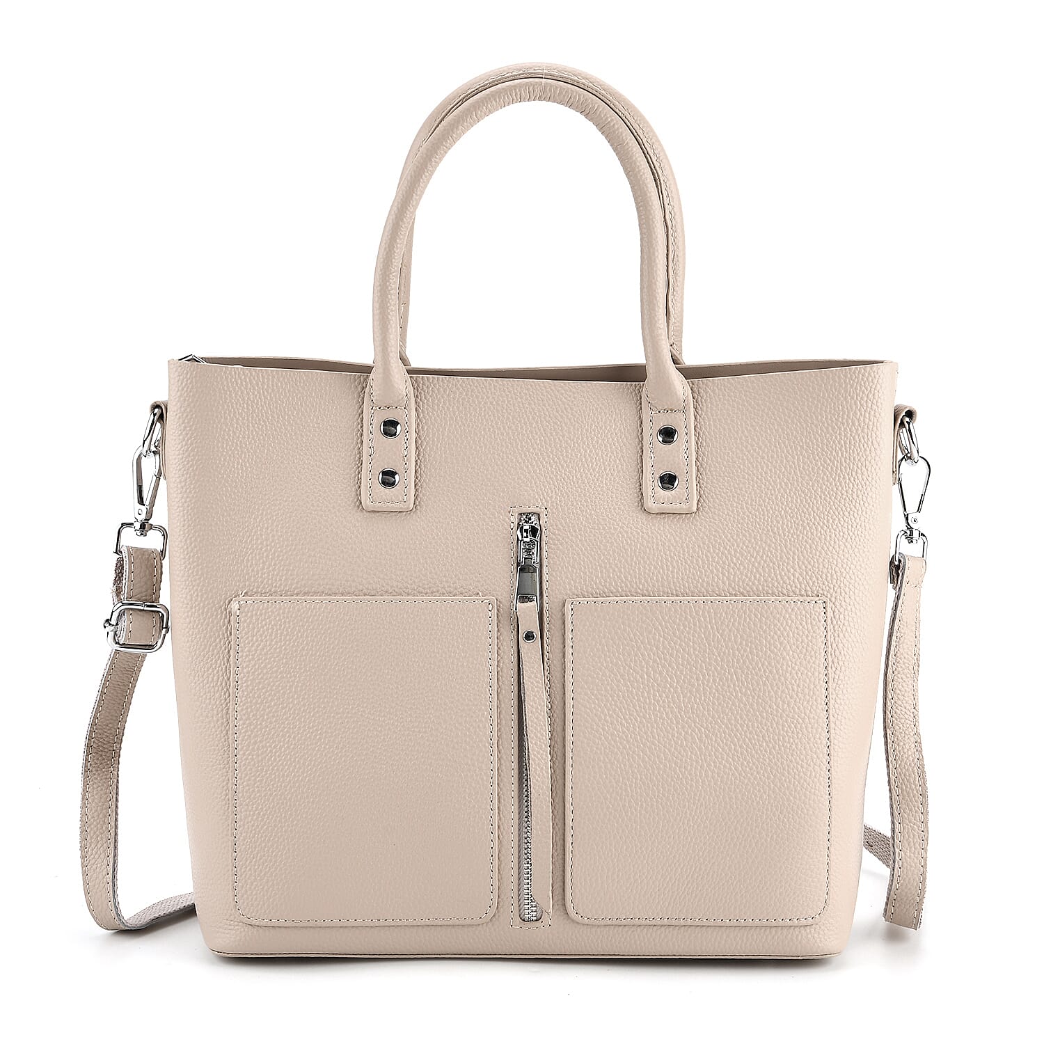 Genuine Leather Trendy Tote Bag - Beige