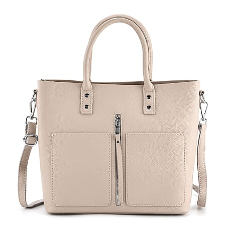 Genuine Leather Trendy Tote Bag - Beige