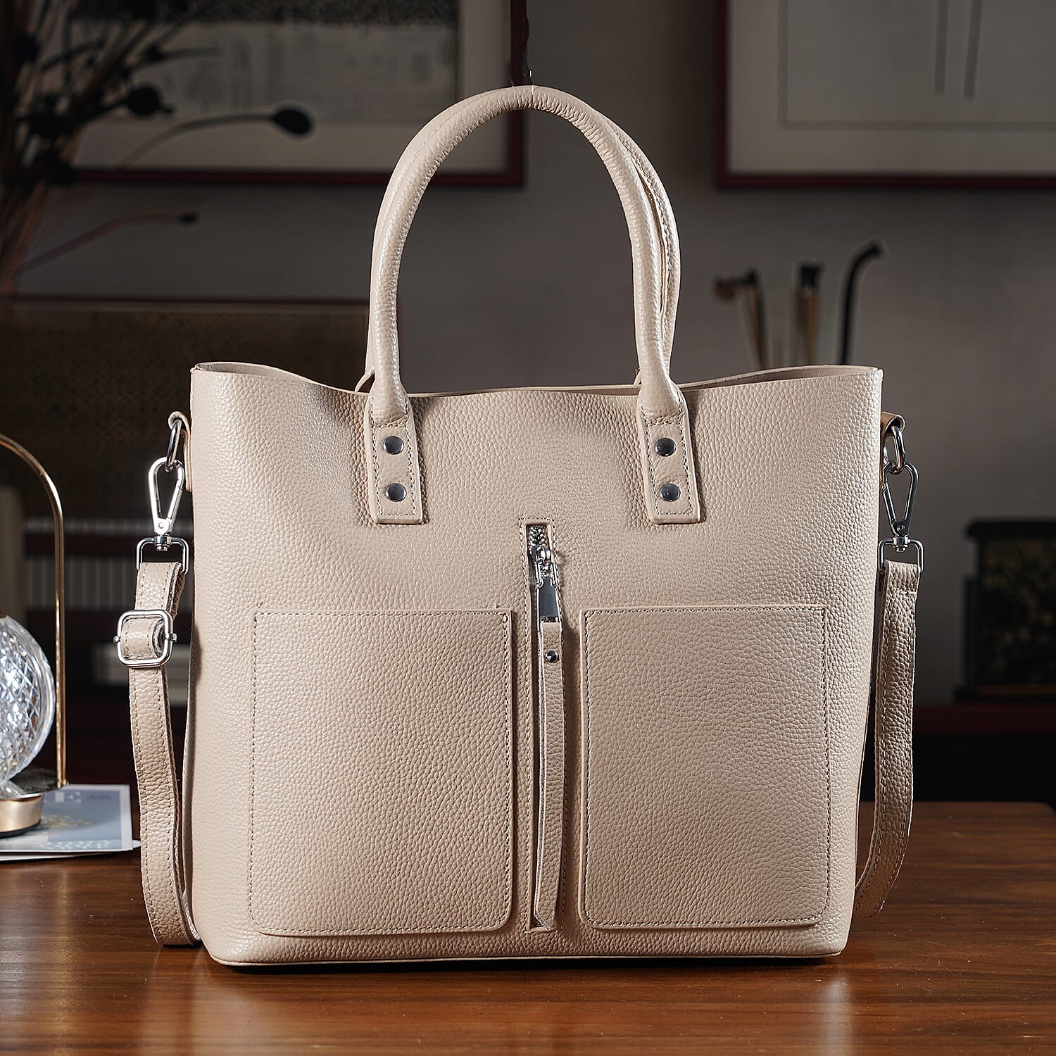 Genuine Leather Trendy Tote Bag - Beige