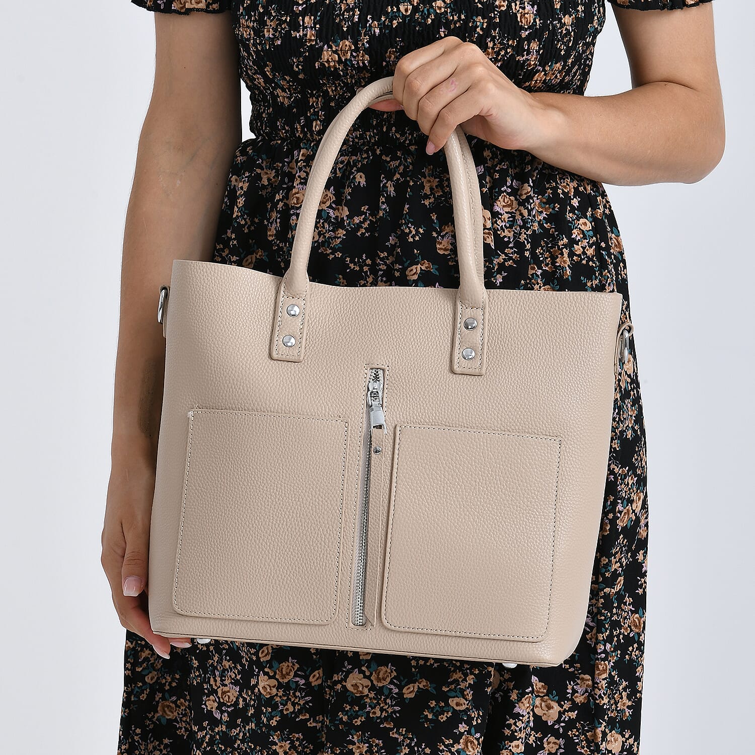 Genuine Leather Trendy Tote Bag - Beige