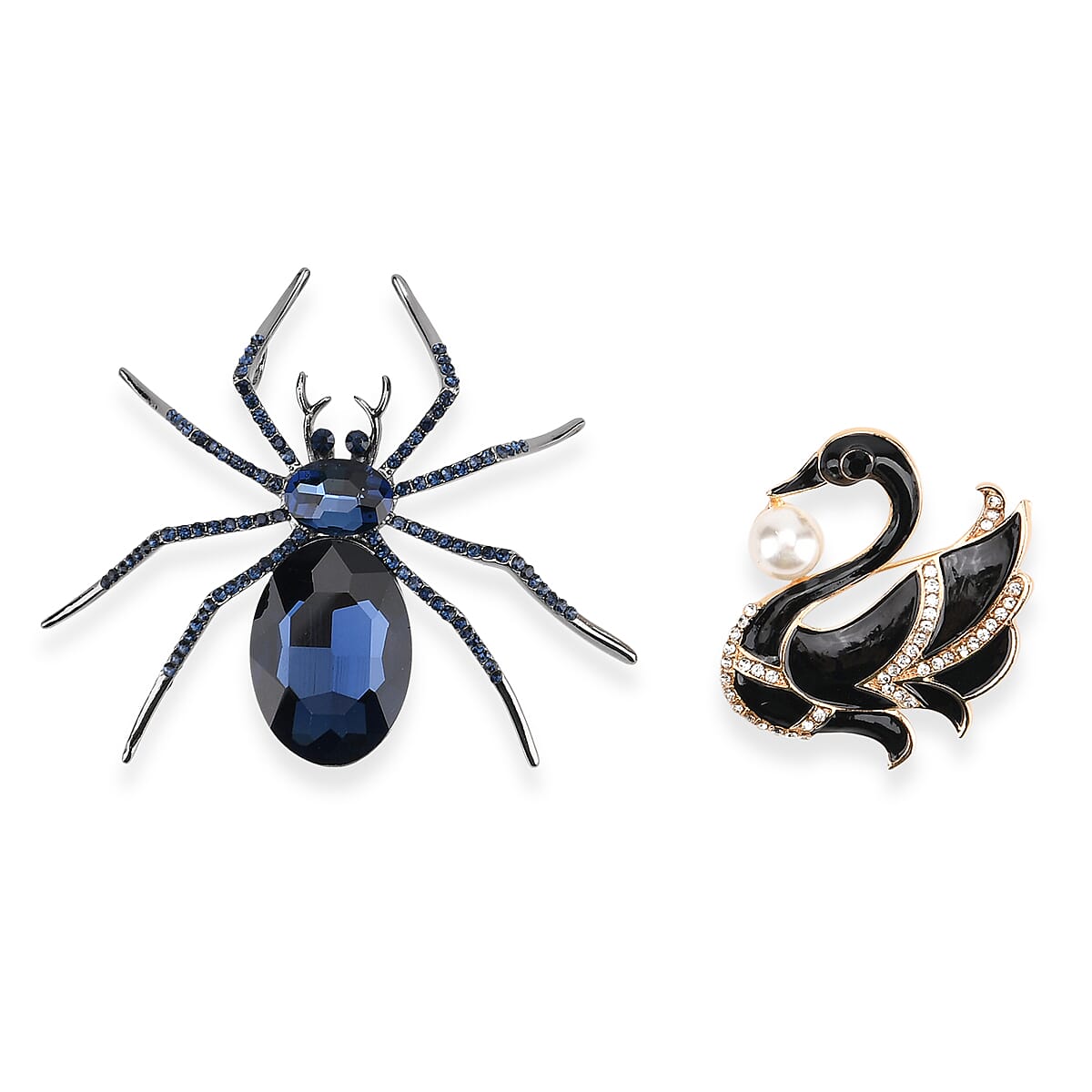 Set of 2 Austrian Multicolour Crystal Brooches in Yellow Gold Tone - Spider & Swan