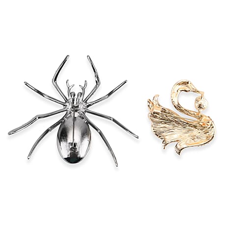 Set of 2 Austrian Multicolour Crystal Brooches in Yellow Gold Tone - Spider & Swan