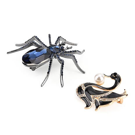 Set of 2 Austrian Multicolour Crystal Brooches in Yellow Gold Tone - Spider & Swan