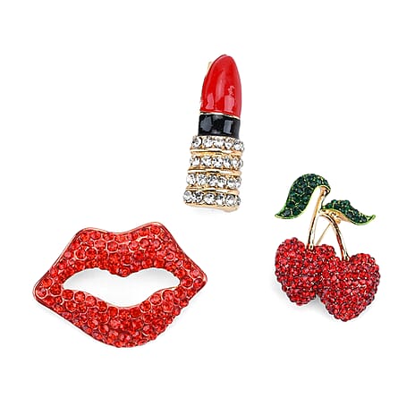 Set of 3 Diamond Enamelled Brooches Lipstick, Cherries & Lips - Multi Colour