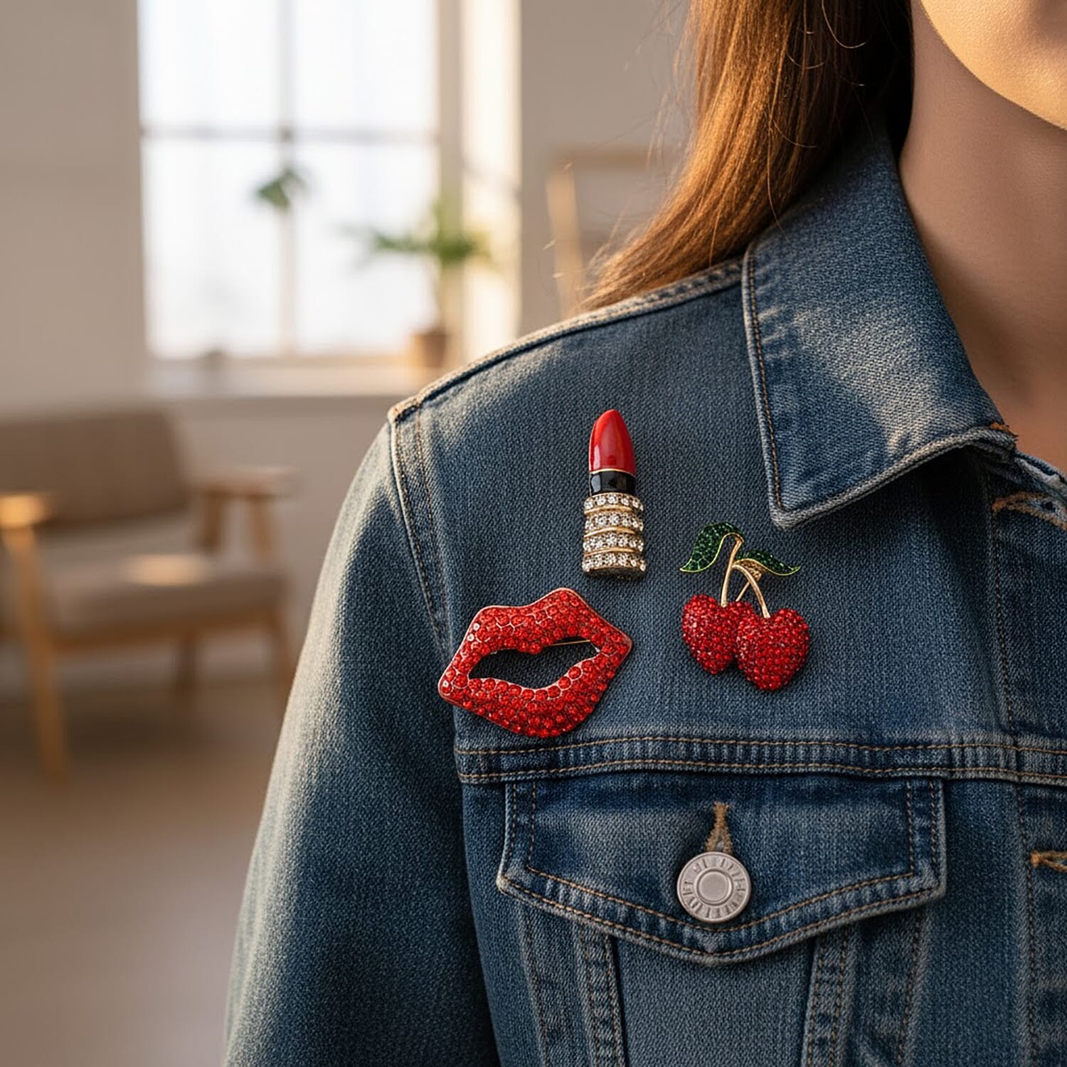 Set of 3 Diamond Enamelled Brooches Lipstick, Cherries & Lips - Multi Colour