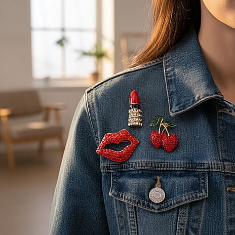 Set of 3 Diamond Enamelled Brooches Lipstick, Cherries & Lips - Multi Colour