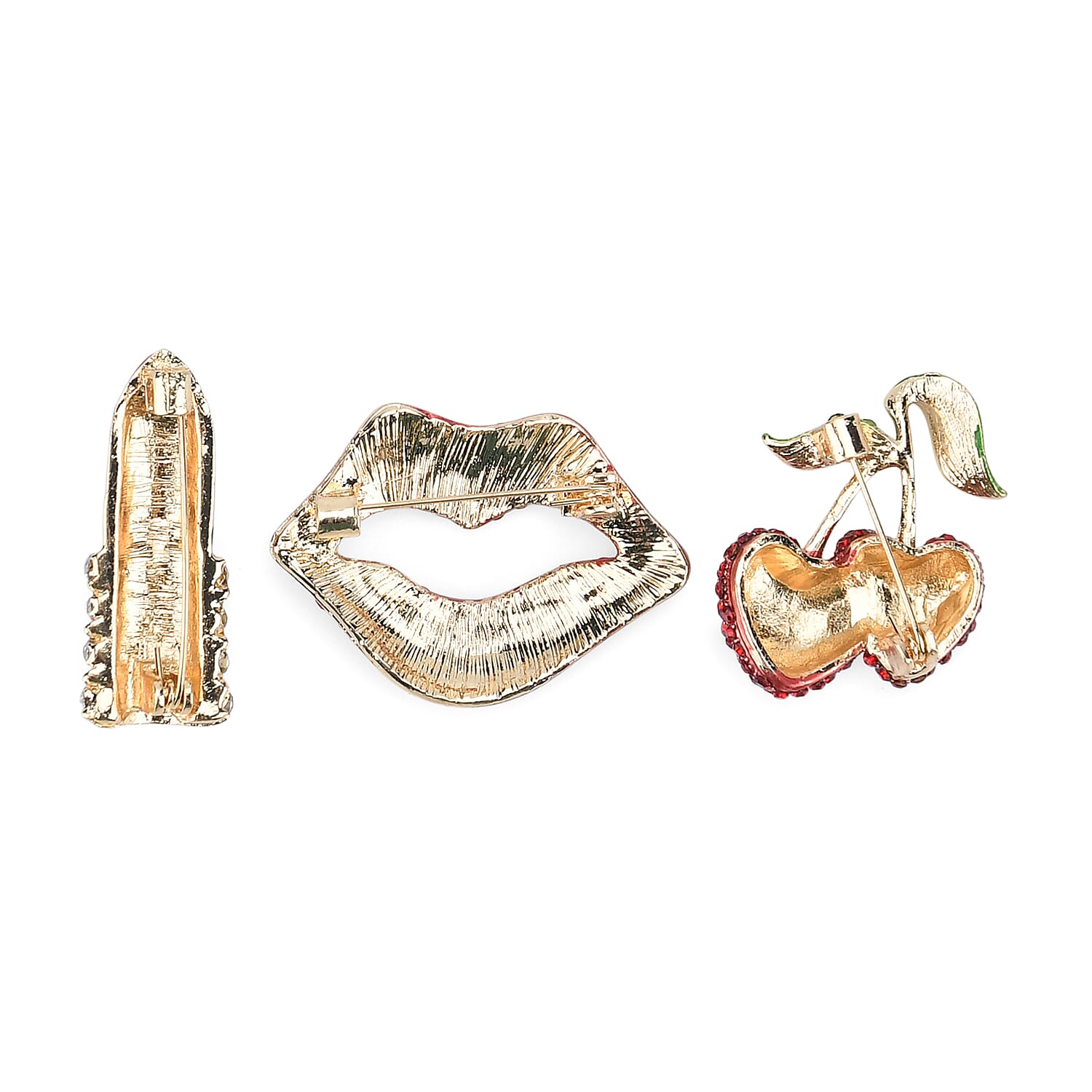 Set of 3 Diamond Enamelled Brooches Lipstick, Cherries & Lips - Multi Colour