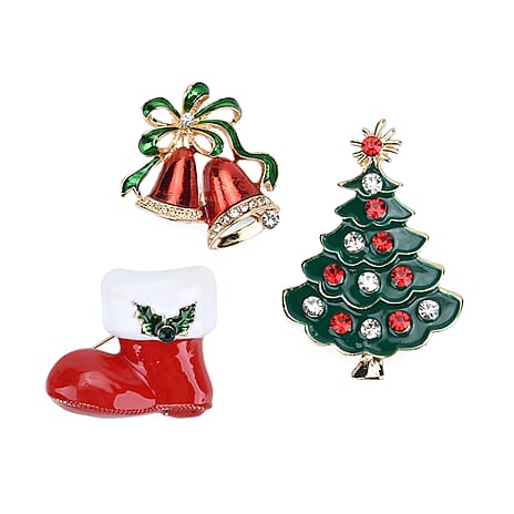 Set of 3 Christmas Enamelled Diamond Brooches - Bells, Boot & Christmas Tree - Multi Colour
