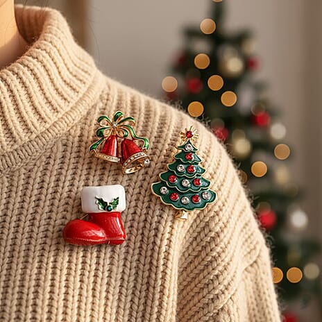 Set of 3 Christmas Enamelled Diamond Brooches - Bells, Boot & Christmas Tree - Multi Colour