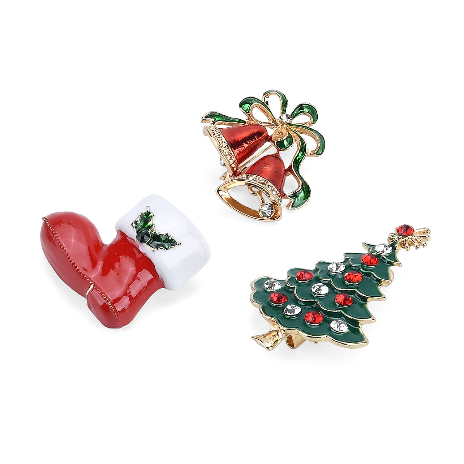 Set of 3 Christmas Enamelled Diamond Brooches - Bells, Boot & Christmas Tree - Multi Colour
