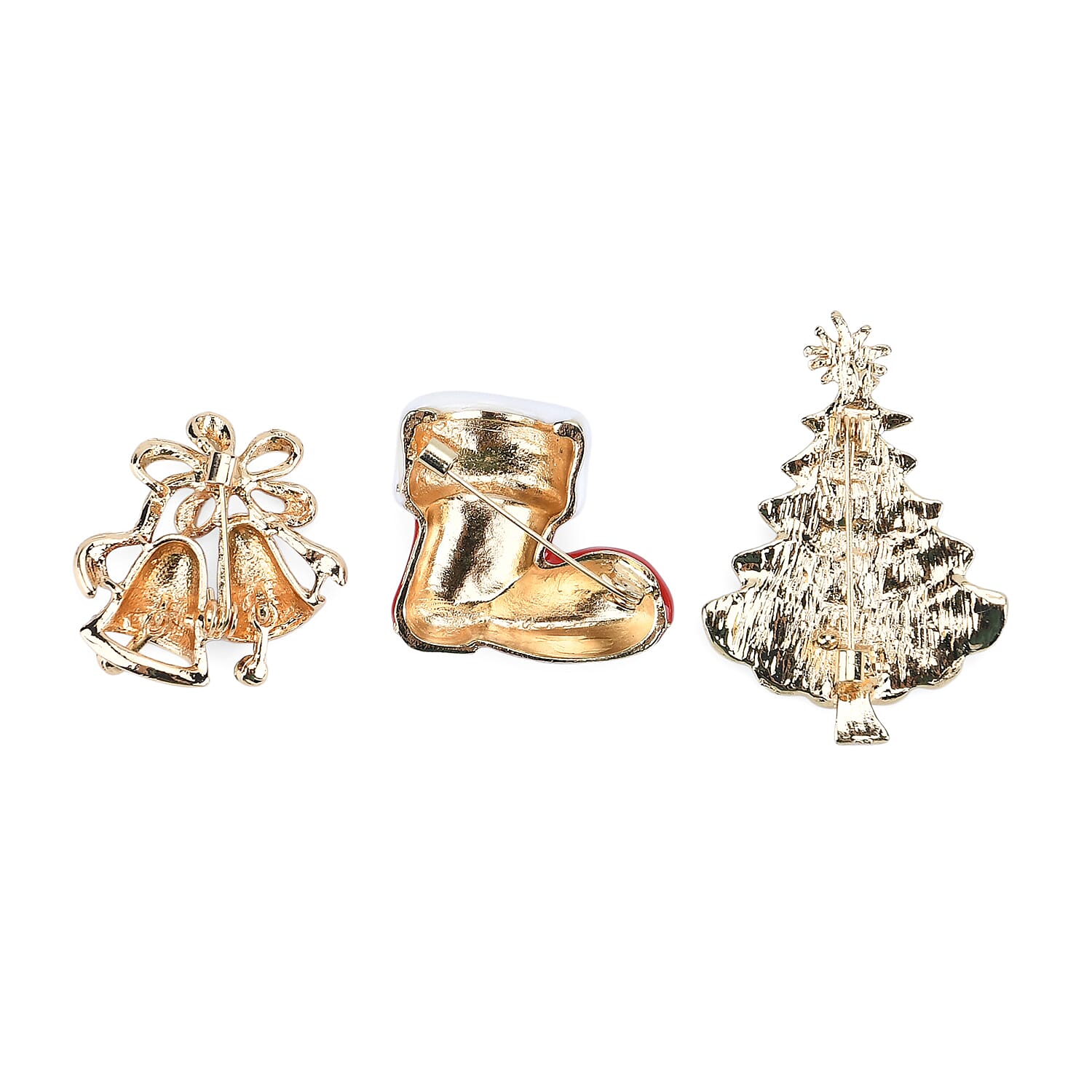 Set of 3 Christmas Enamelled Diamond Brooches - Bells, Boot & Christmas Tree - Multi Colour