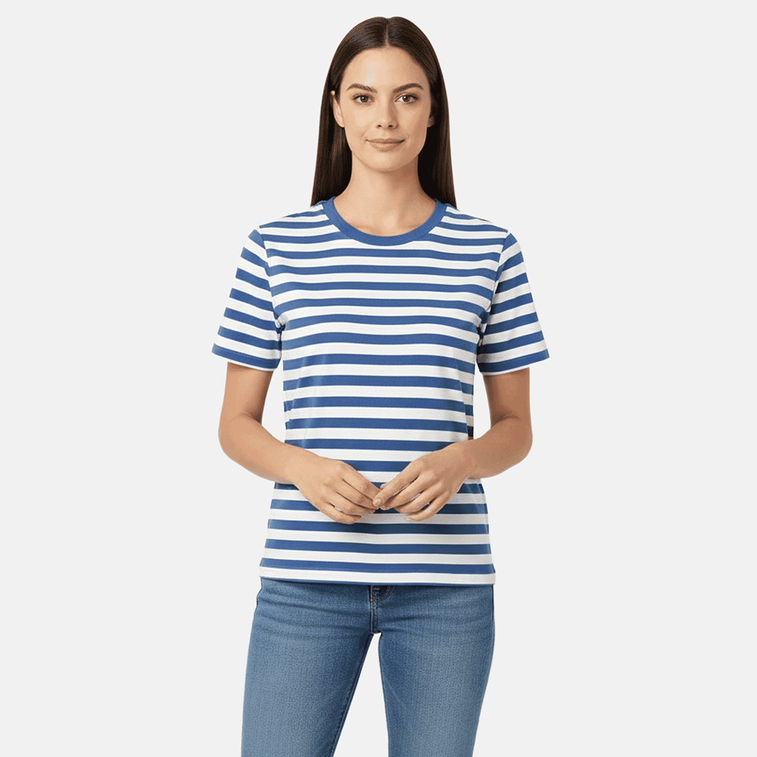 Charlotte West 100% Cotton Striped Jersey Ribbed Neck T-Shirt