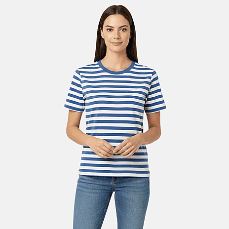 Charlotte West 100% Cotton Striped Jersey Ribbed Neck T-Shirt (Size 12) - Blue