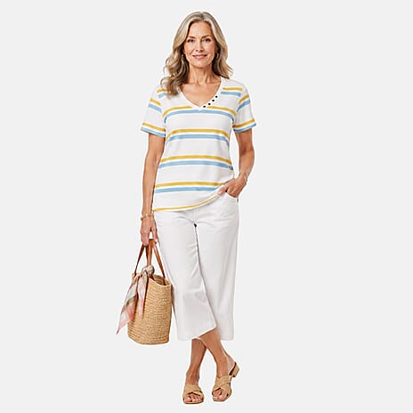 Charlotte West 100% Cotton Single Jersey Printed Tee With Contrast 4 Button (Size 20) - Blue