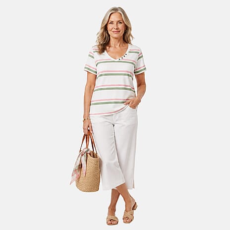 Charlotte West 100% Cotton Single Jersey Printed Tee With Contrast 4 Button (Size 14) - Pink