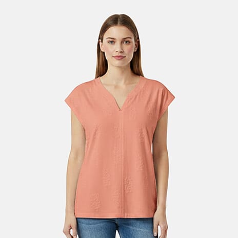 Charlotte West 100% Cotton Textured Knit V-Neck Embroidered Top (Size 12) - Orange