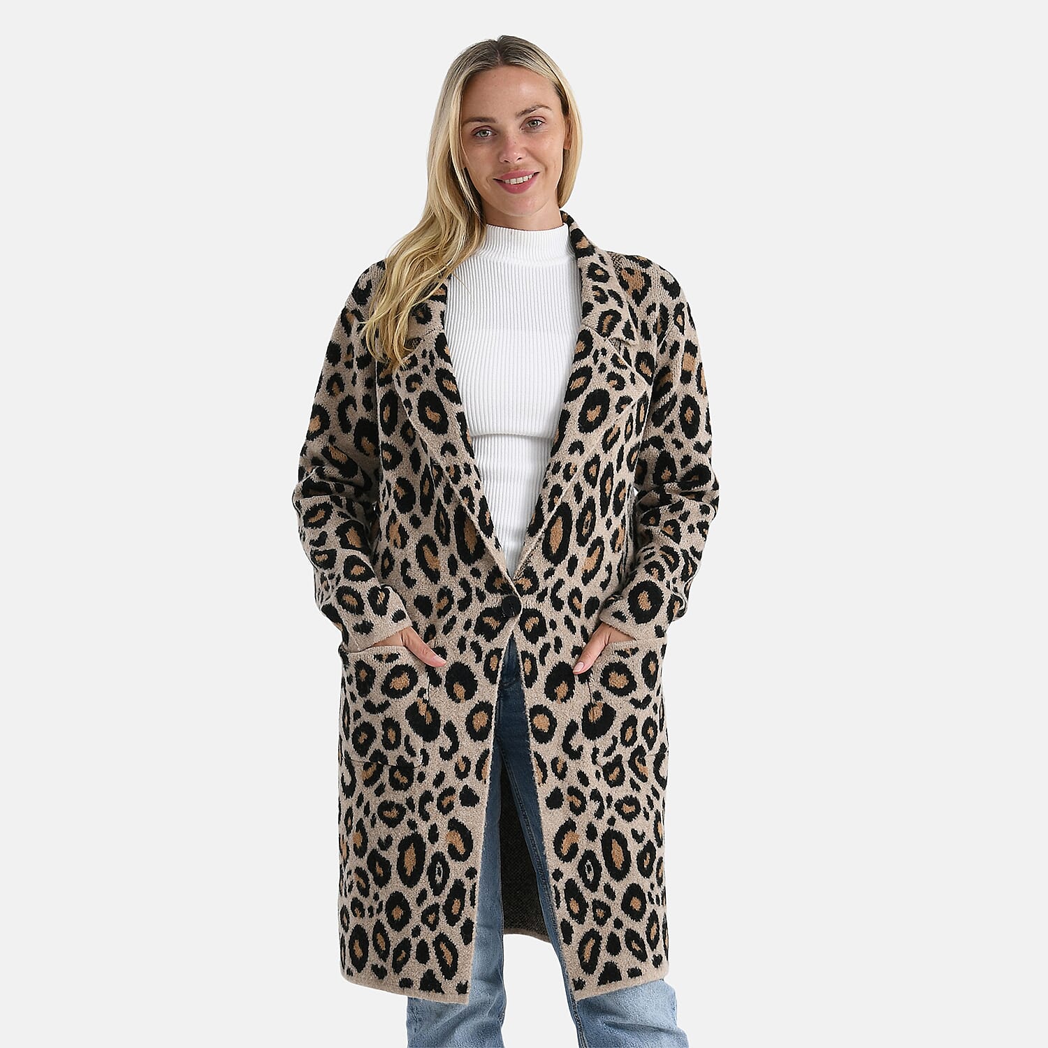 La Marey Leopard Print Longline Knitted Coat (Size 10 -22) - Beige