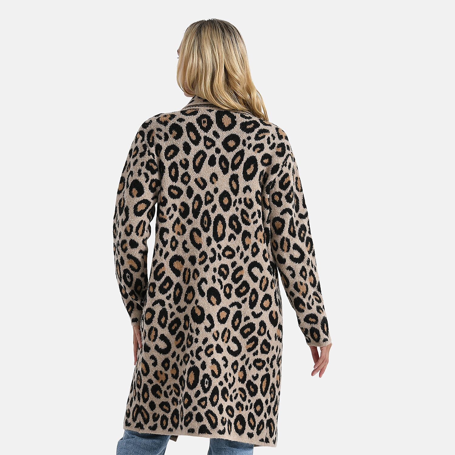 La Marey Leopard Print Longline Knitted Coat (Size 10 -22) - Beige