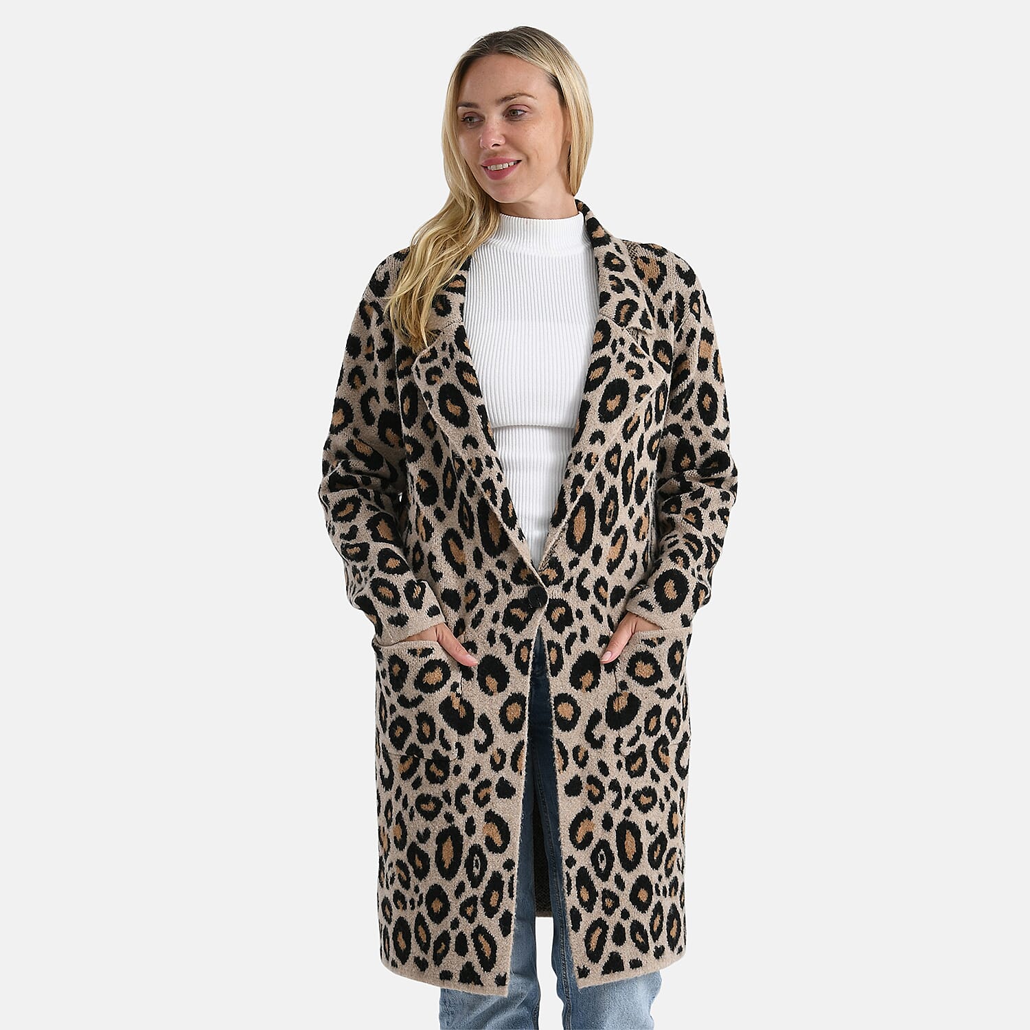 La Marey Leopard Print Longline Knitted Coat (Size 10 -22) - Beige