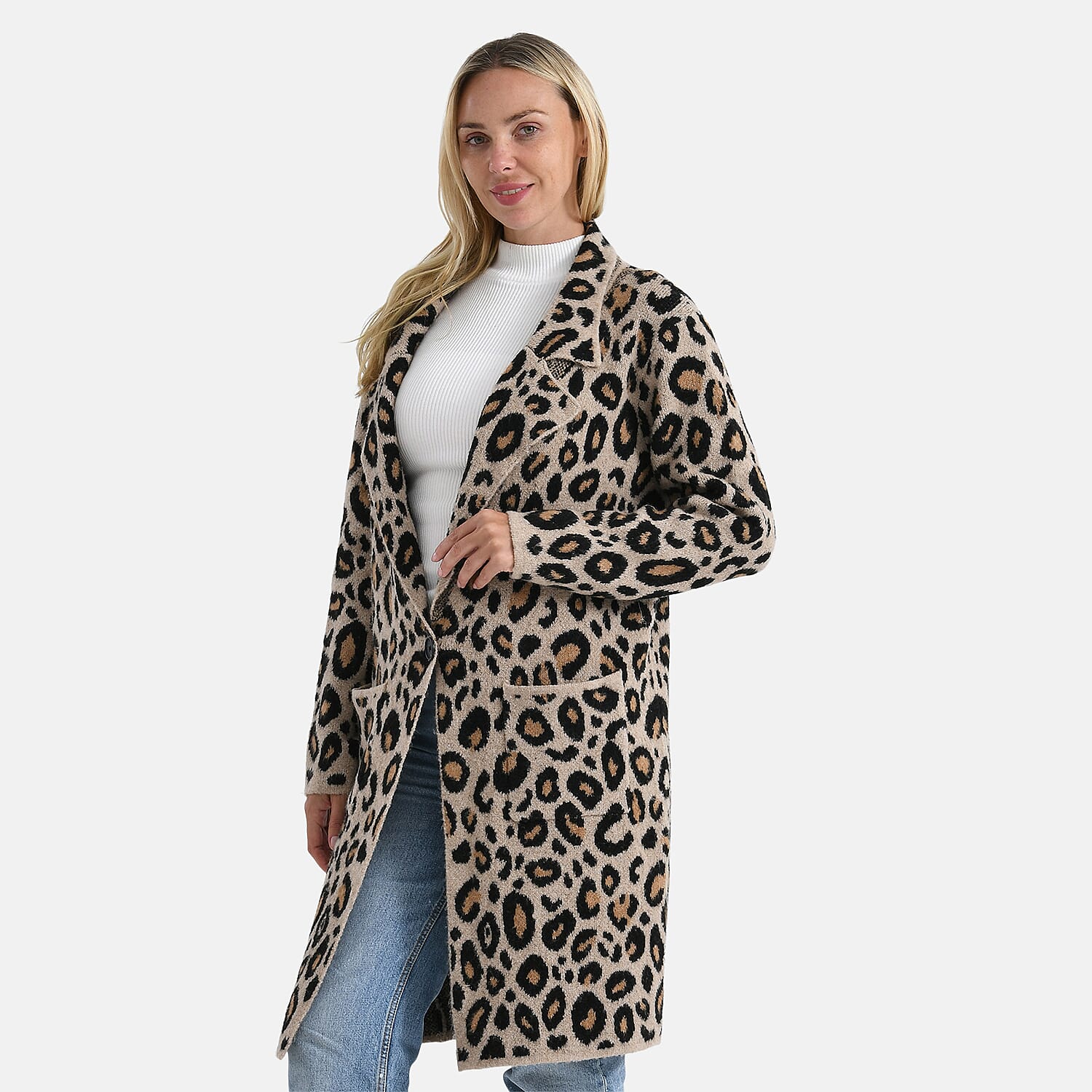 La Marey Leopard Print Longline Knitted Coat (Size 10 -22) - Beige