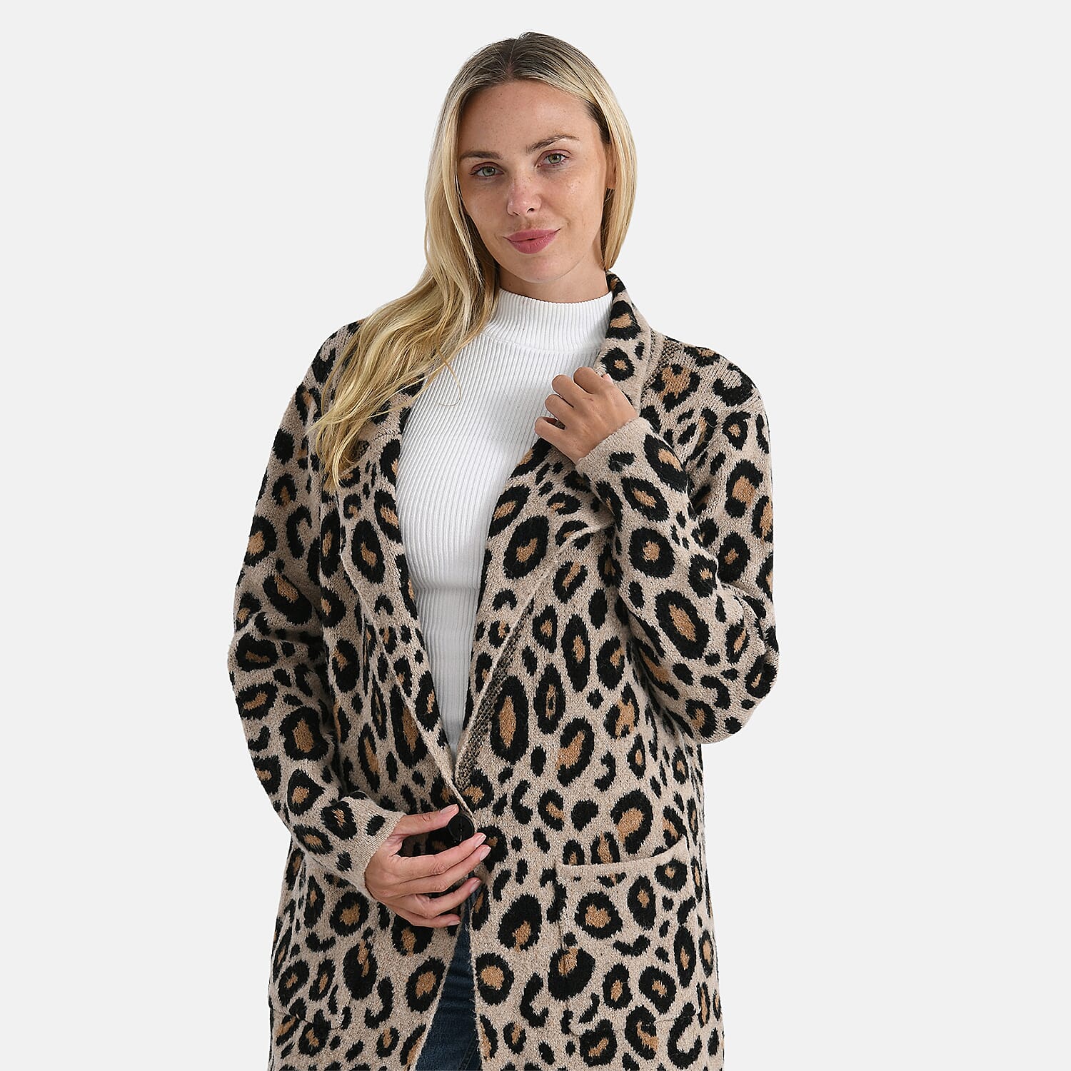 La Marey Leopard Print Longline Knitted Coat (Size 10 -22) - Beige