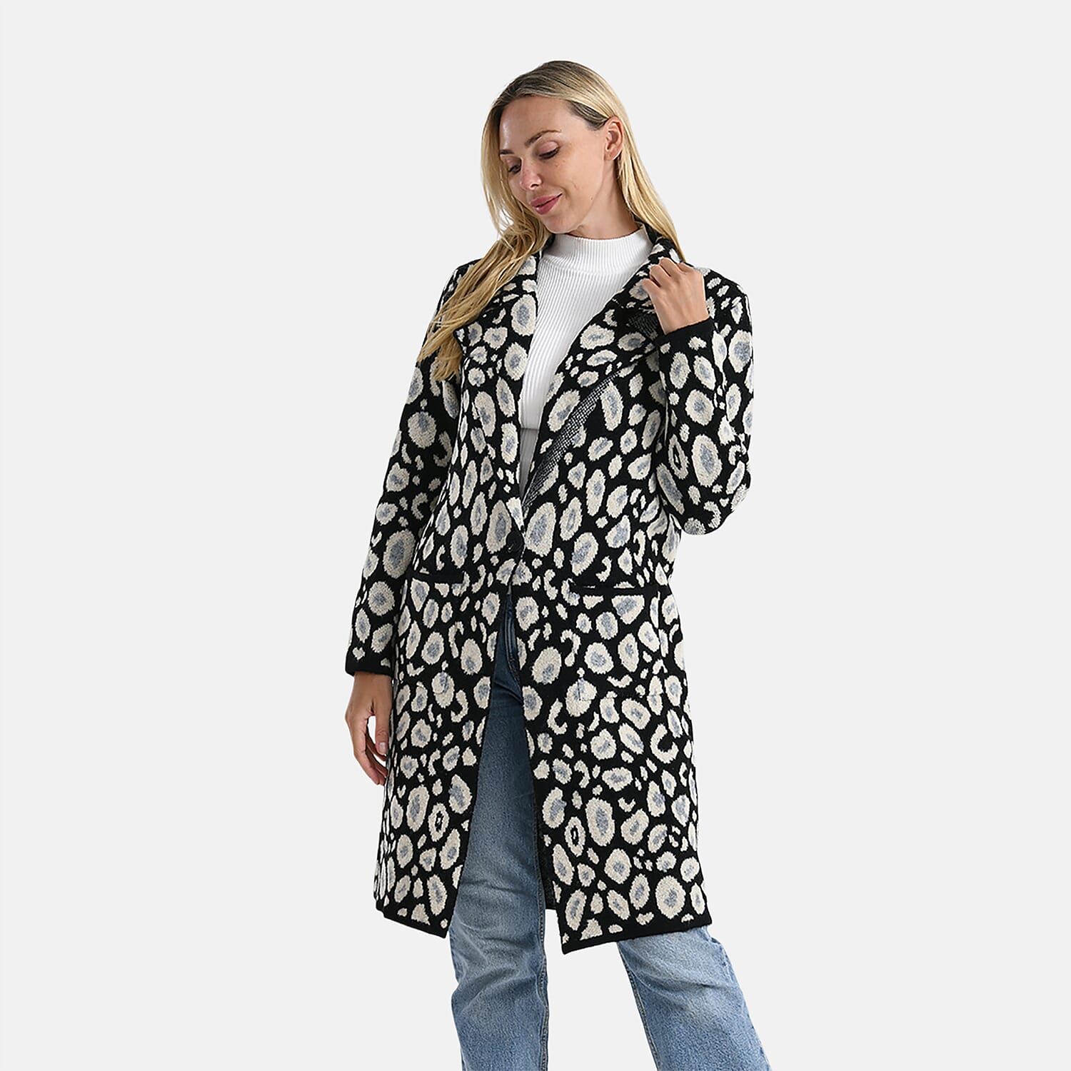 La Marey Leopard Print Longline Knitted Coat (Size 10 -22) - Black