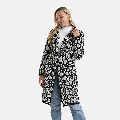 La Marey Leopard Print Longline Knitted Coat (Size 10 -22) - Black