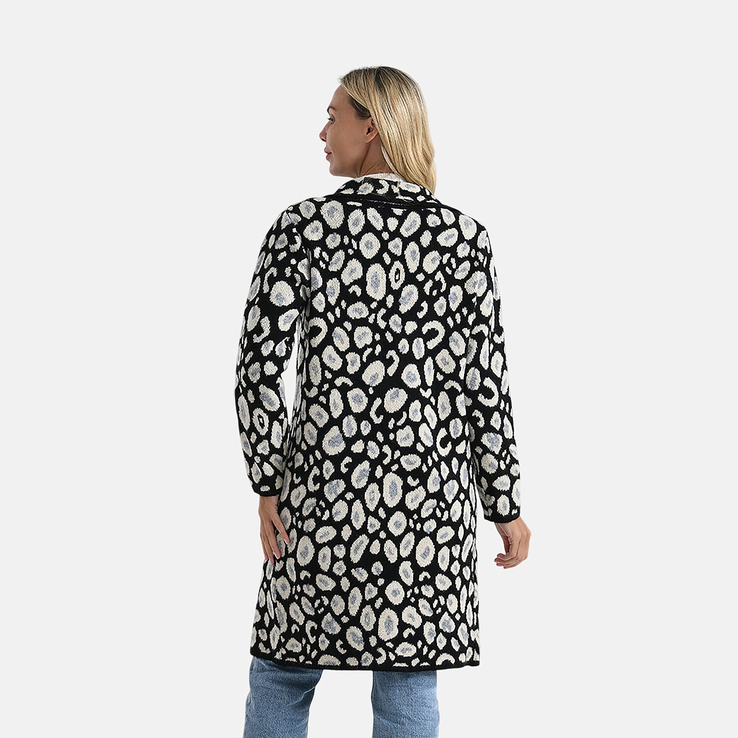 La Marey Leopard Print Longline Knitted Coat (Size 10 -22) - Black