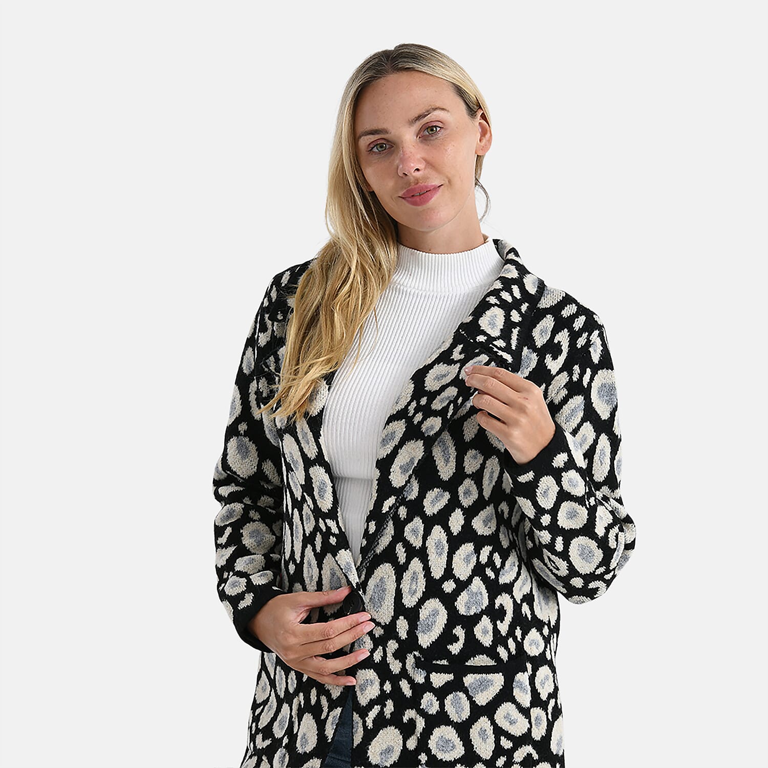 La Marey Leopard Print Longline Knitted Coat (Size 10 -22) - Black