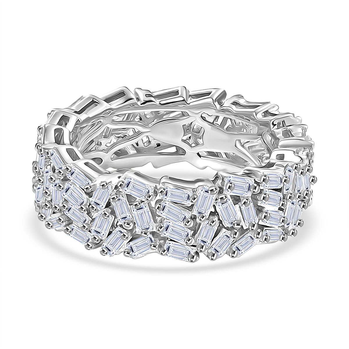 Designer Inspired - Luxuriant Lab Grown Diamond (SI-GH) Firecracker Ring in Rhodium Overlay Sterling Silver 2Ct. Designer Inspired - Luxuriant Lab Grown Diamond (SI-GH) Firecracker Ring in Rhodium Overlay Sterling Silver 2Ct.
