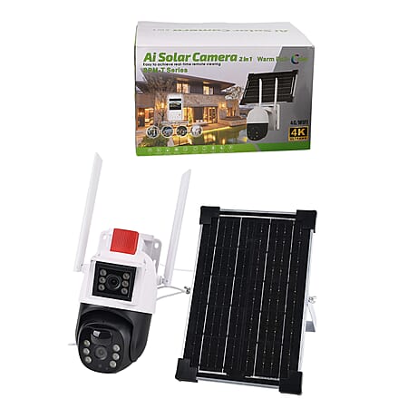 Solar Panel Dual HD Camera System with Night Vision, Flood Lights, 8W Solar Panel Included
