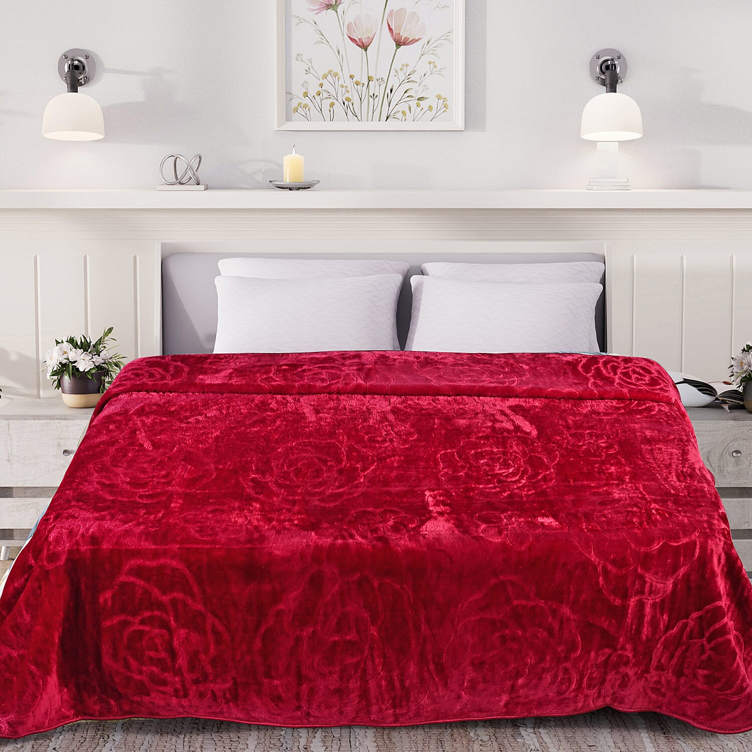 Livmore Luxurious Floral Embossed Soft Faux Mink Blanket (200x220cm) - Red Wine