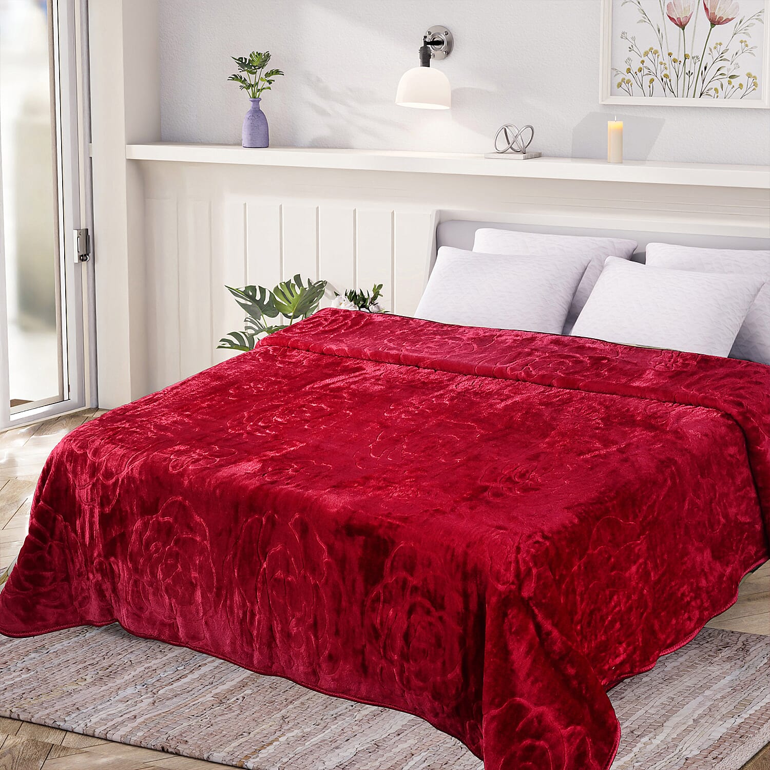 Livmore Luxurious Floral Embossed Soft Faux Mink Blanket (200x220cm) - Red Wine