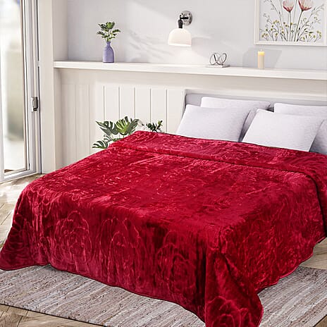 Livmore Luxurious Floral Embossed Soft Faux Mink Blanket (200x220cm) - Red Wine