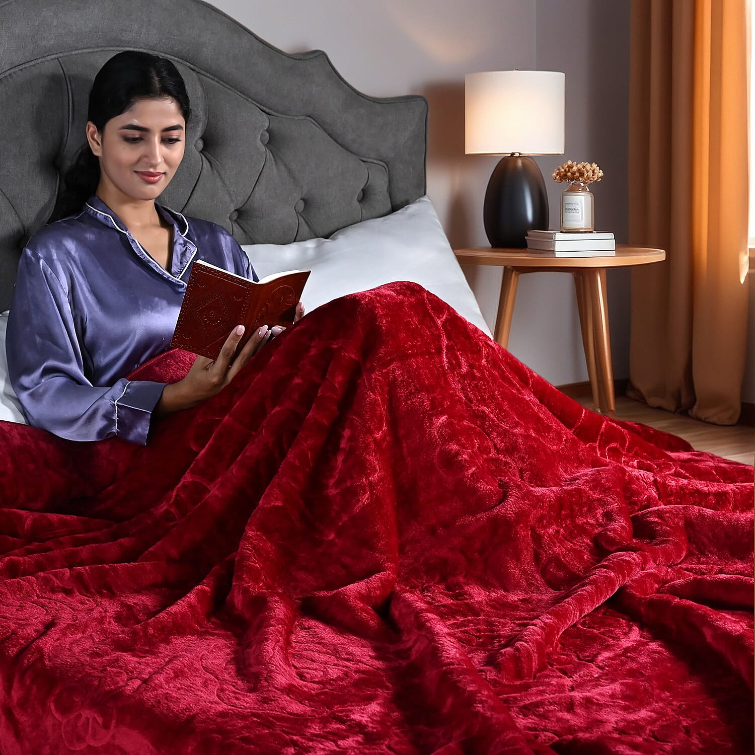 Livmore Luxurious Floral Embossed Soft Faux Mink Blanket (200x220cm) - Red Wine