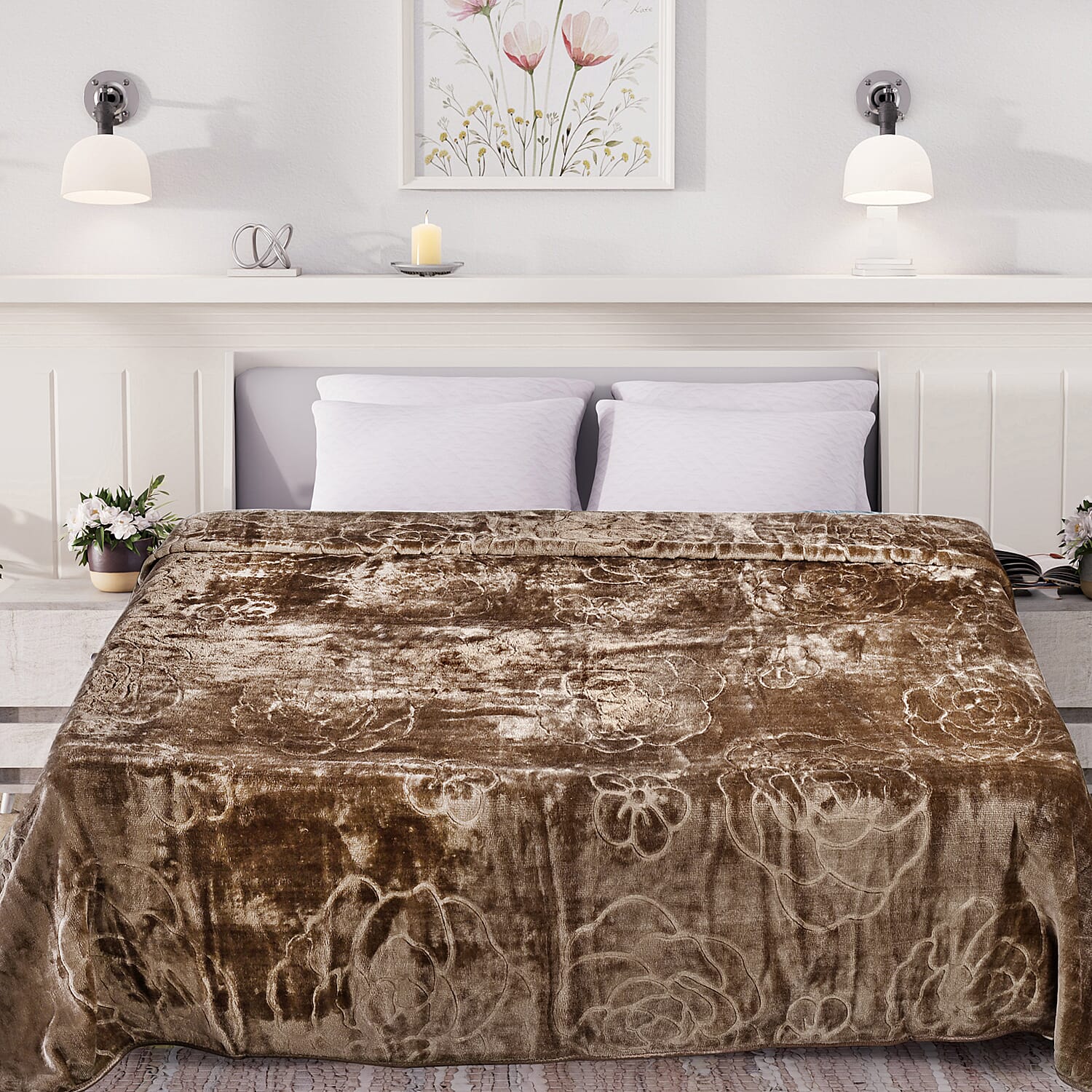Livmore Luxurious Floral Embossed Soft Faux Mink Blanket (200x220cm) -  Brown