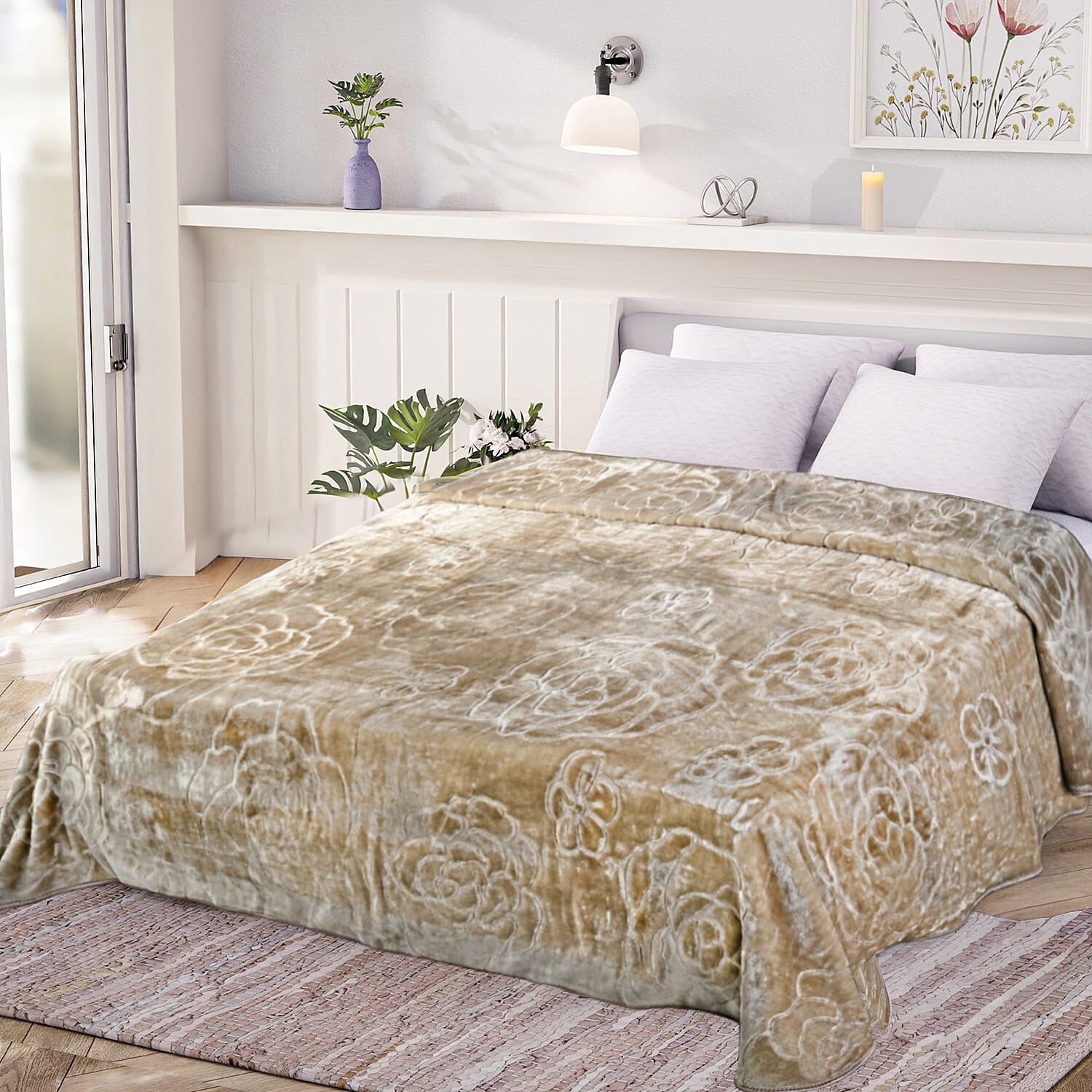 Livmore Luxurious Floral Embossed Soft Faux Mink Blanket (200x220cm) - Beige