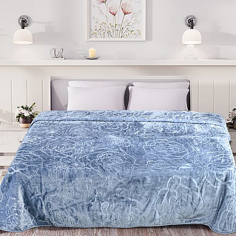 Livmore Luxurious Floral Embossed Soft Faux Mink Blanket (200x220cm) - Sky Blue