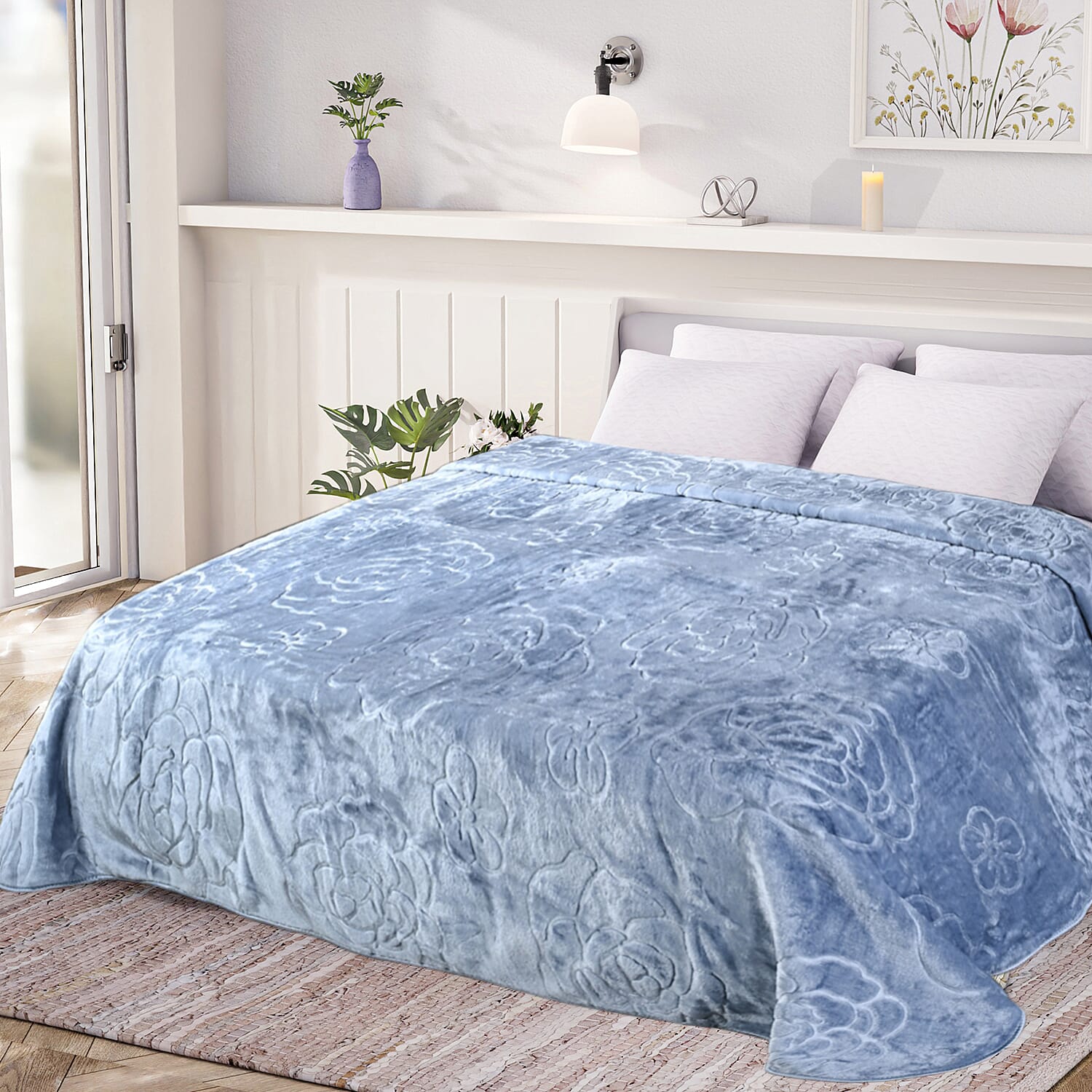Livmore Luxurious Floral Embossed Soft Faux Mink Blanket (200x220cm) - Sky Blue