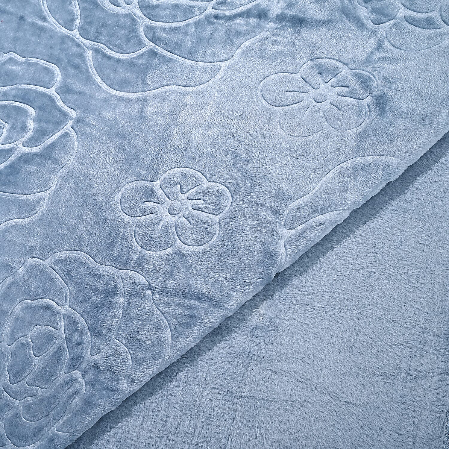 Livmore Luxurious Floral Embossed Soft Faux Mink Blanket (200x220cm) - Sky Blue