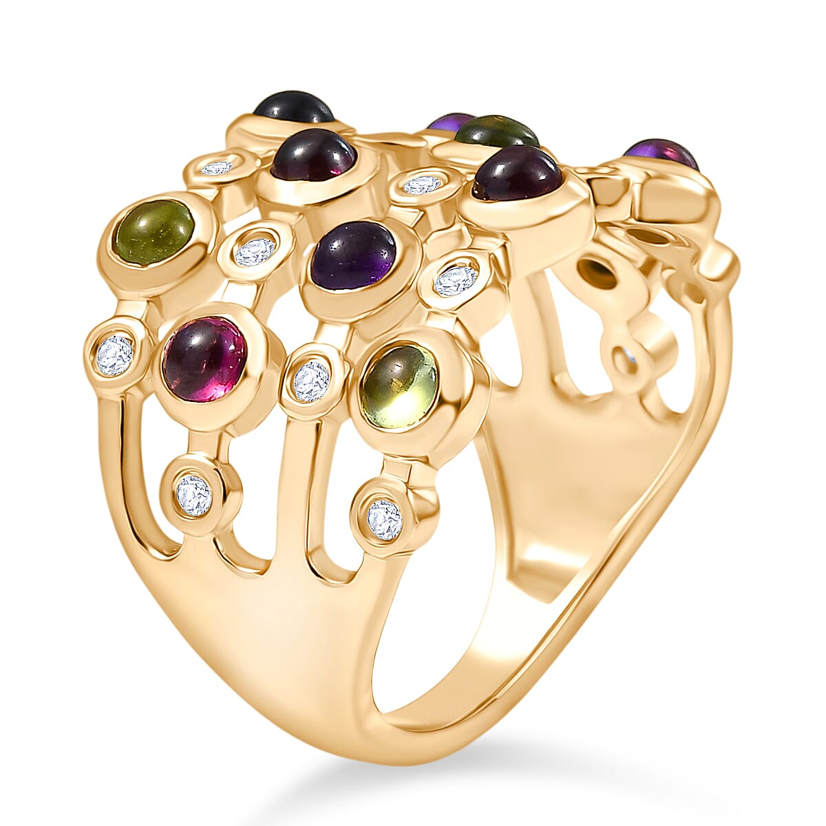 Designer Inspired - Multi Gemstone & White Zircon Cluster Ring in Yellow Gold Plated Sterling Silver 2.31 Ct, Silver Wt. 6.44 Gms.