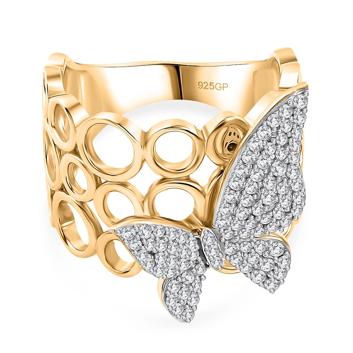 GP Italian Garden Collection - White Diamond, Kanchanaburi Blue Sapphire Cluster Ring in 18K YG VermeilSterling Silver, Silver Wt.6 Gms  0.495  Ct.