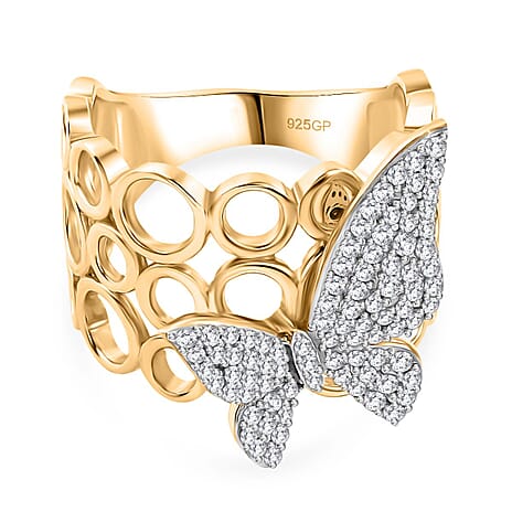 GP Italian Garden Collection - White Diamond, Kanchanaburi Blue Sapphire Cluster Ring in 18K YG VermeilSterling Silver, Silver Wt.6 Gms  0.495  Ct.