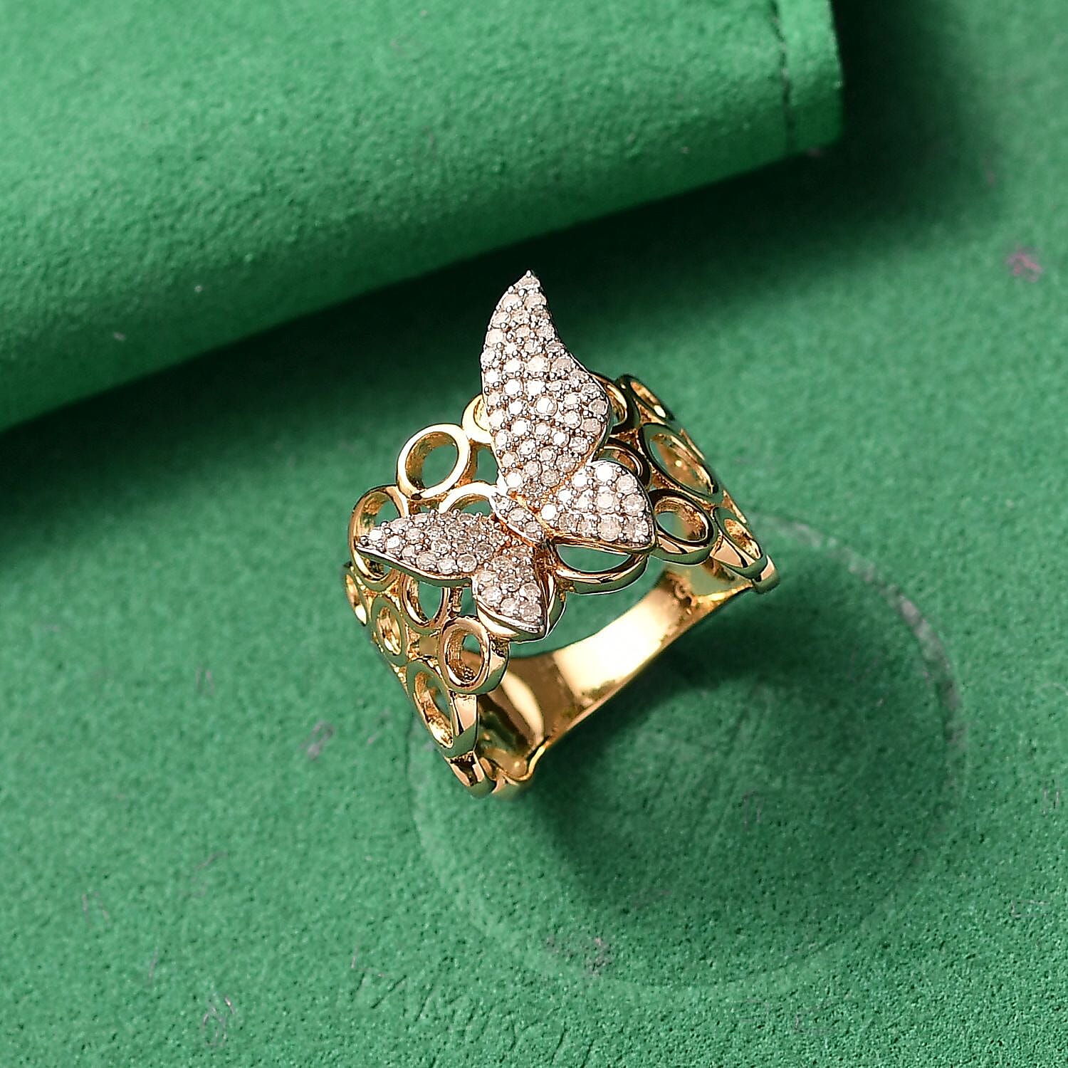 GP Italian Garden Collection - White Diamond, Kanchanaburi Blue Sapphire Cluster Ring in 18K YG VermeilSterling Silver, Silver Wt.6 Gms  0.495  Ct.