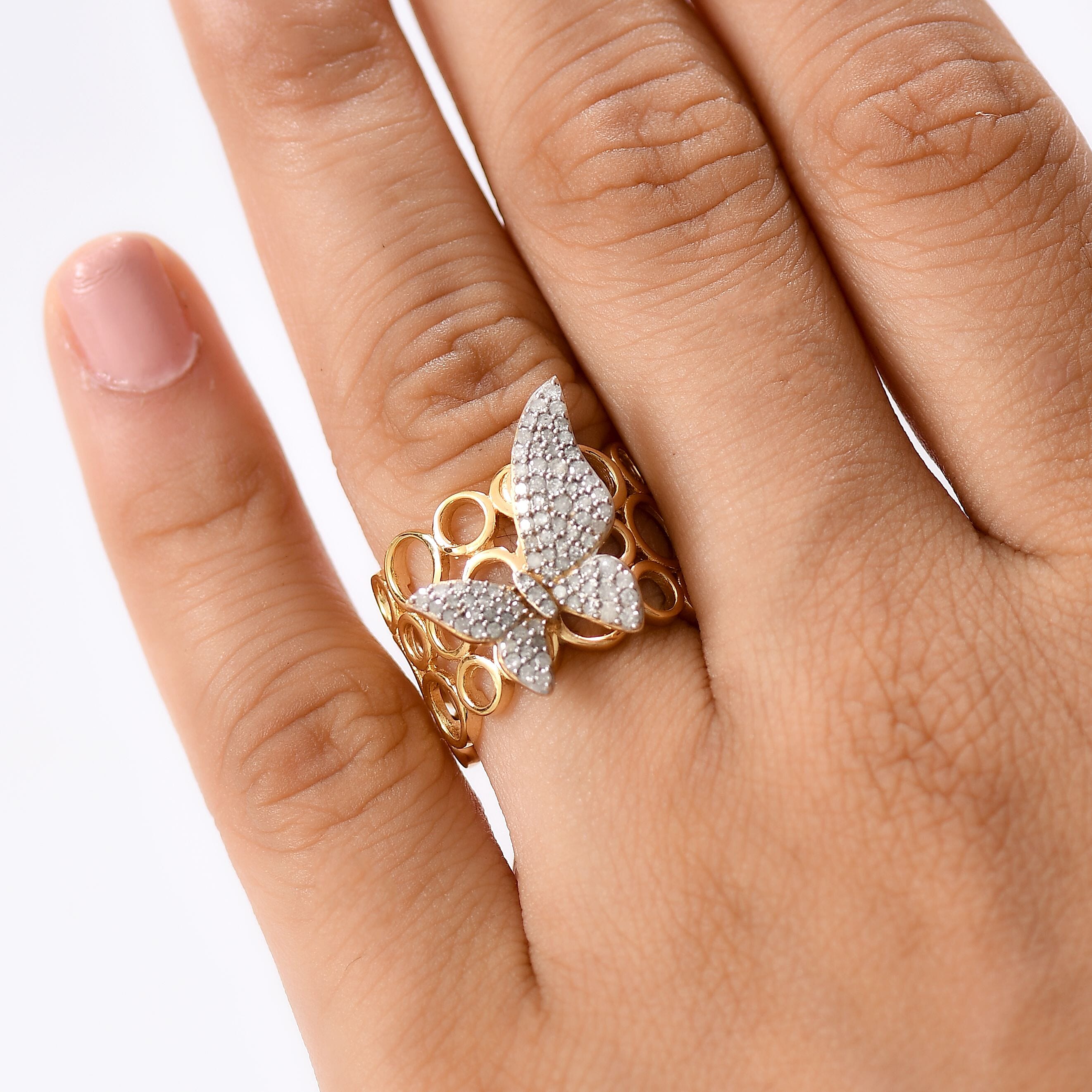 GP Italian Garden Collection - White Diamond, Kanchanaburi Blue Sapphire Cluster Ring in 18K YG VermeilSterling Silver, Silver Wt.6 Gms  0.495  Ct.