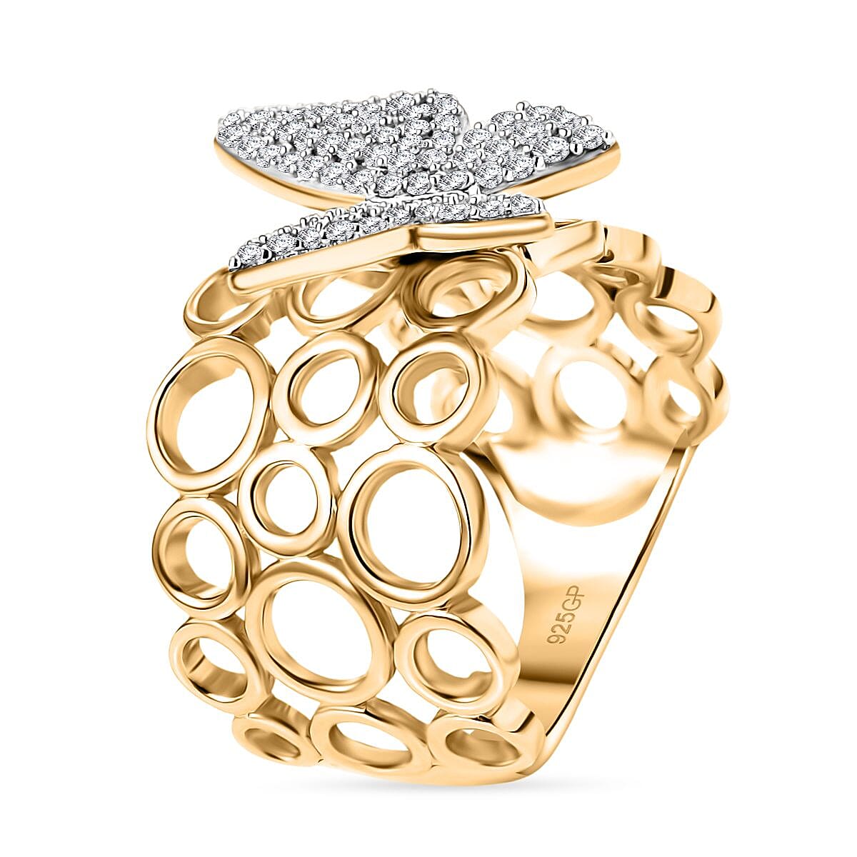 GP Italian Garden Collection - White Diamond, Kanchanaburi Blue Sapphire Cluster Ring in 18K YG VermeilSterling Silver, Silver Wt.6 Gms  0.495  Ct.