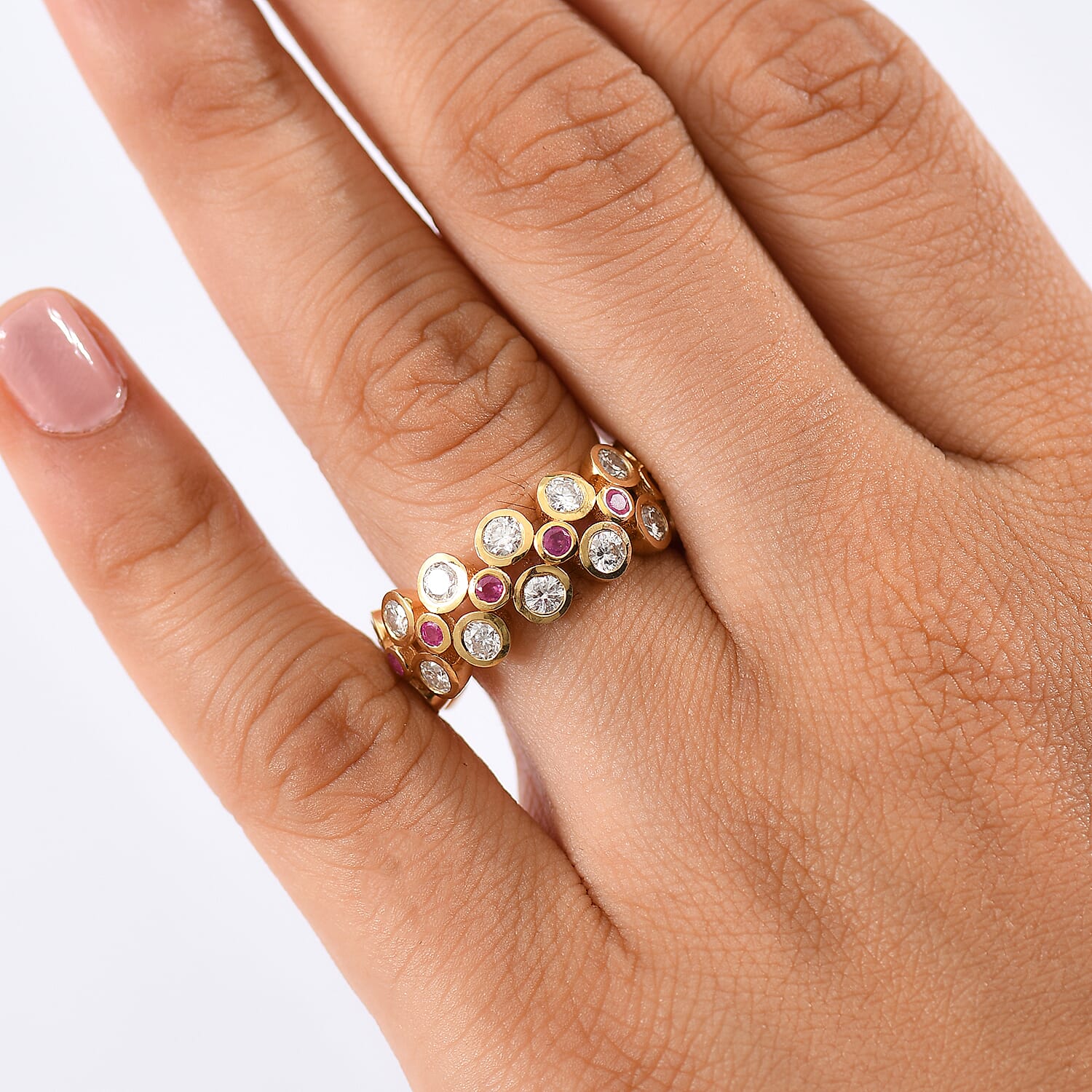 D'Joy Moissanite & African Ruby Band Ring in 18K Vermeil Yellow Gold Plated Sterling Silver 2.51 Ct.